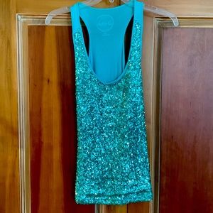INC- INC, small Olive Shimmer Top Aquamarine sequins top